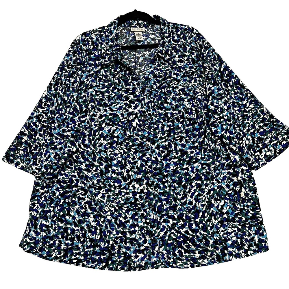 Catherines Button Down Women 1X 18/20 Blue Abstract 3/4 Sleeve Blouse Top Plus